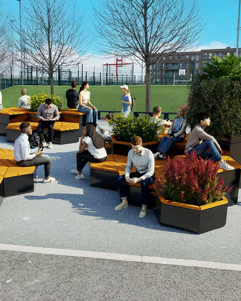 Render Bild eines benutzerdefinierten casual seating Rosenlund mit schwarzer Farbe und Hartholz Sitzgelegenheiten. Rendered Menschen umgeben den Bereich, sitzen, Geselligkeit und vorbei.